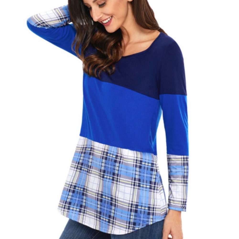 Blue Colorblock Plaid Long Sleeve Shirt - Picture 3 of 5